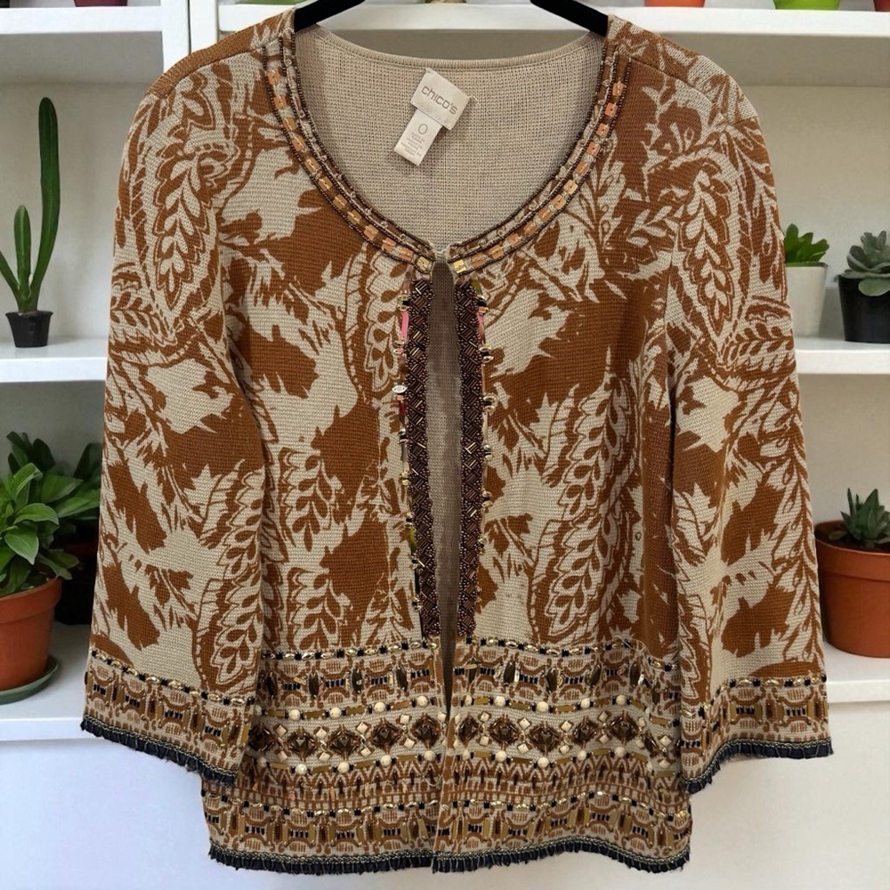 Chico's‎ Boho Beaded Rhinestone Cardigan Holiday Chic Special Occasion Size S
